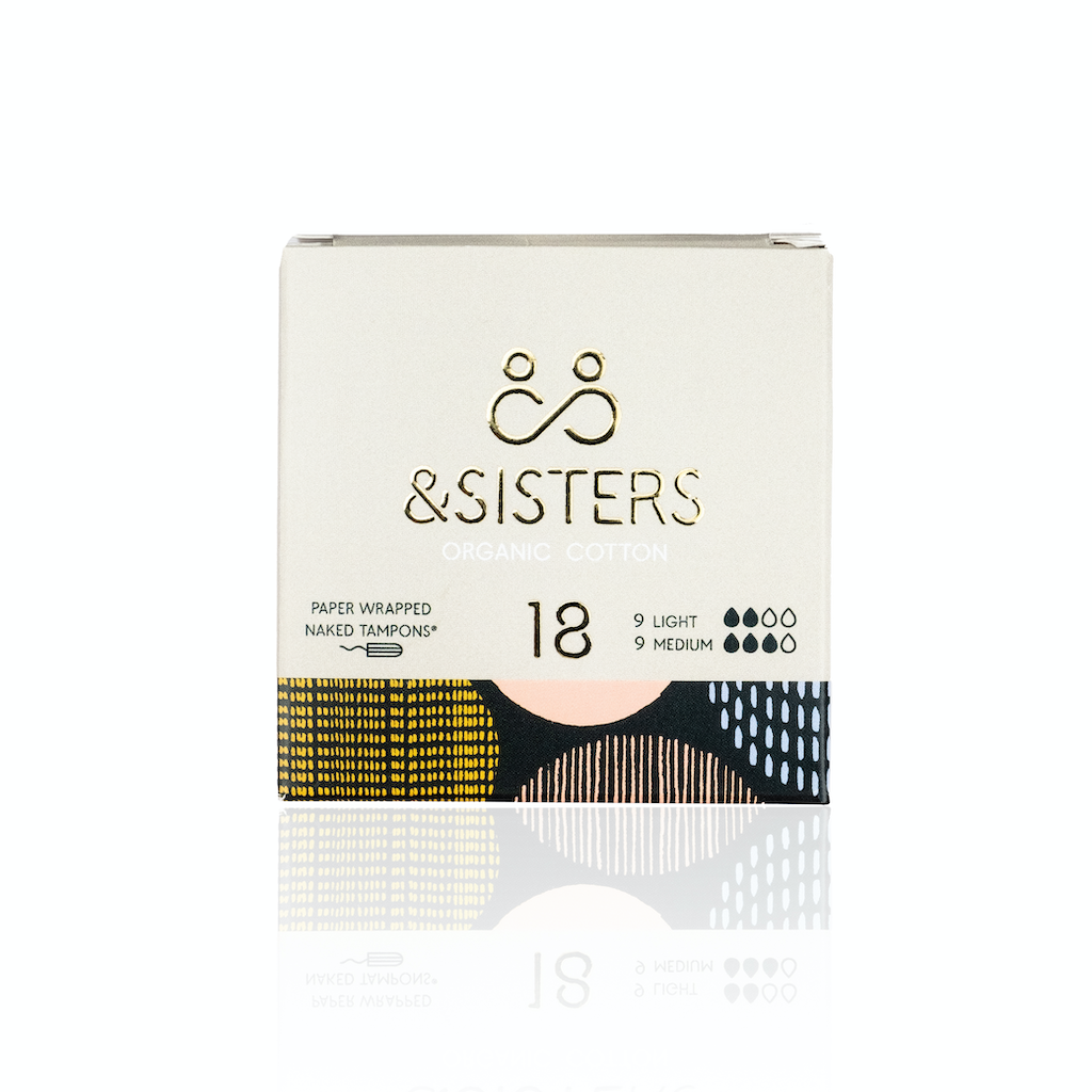 &Sisters Organic Cotton Naked Tampons in Mixed Light and Medium. Eco-friendly period care. Mixed flow tampons in a grey box.