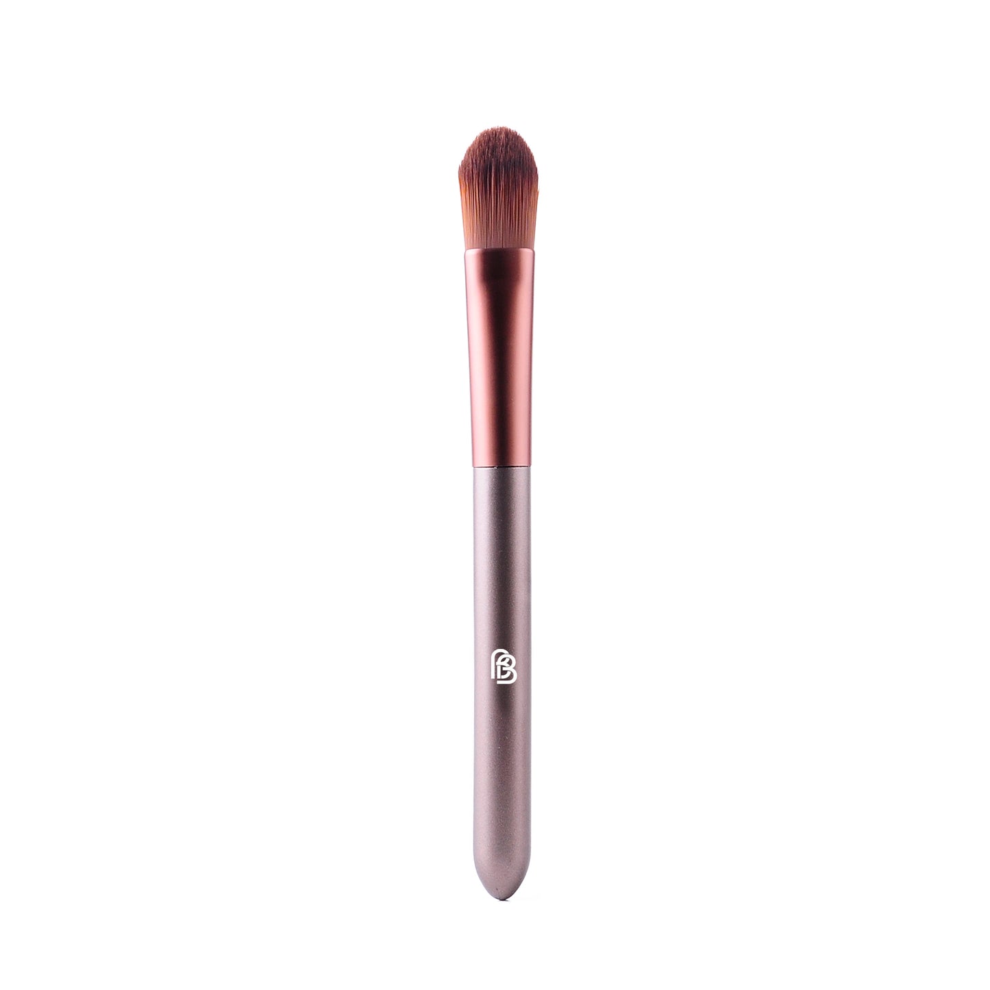 purple/taupe matte plastic handled make up brush with rose gold brown metal section and synthetic bristles flat packed and rounded for the application of foundation and concealer