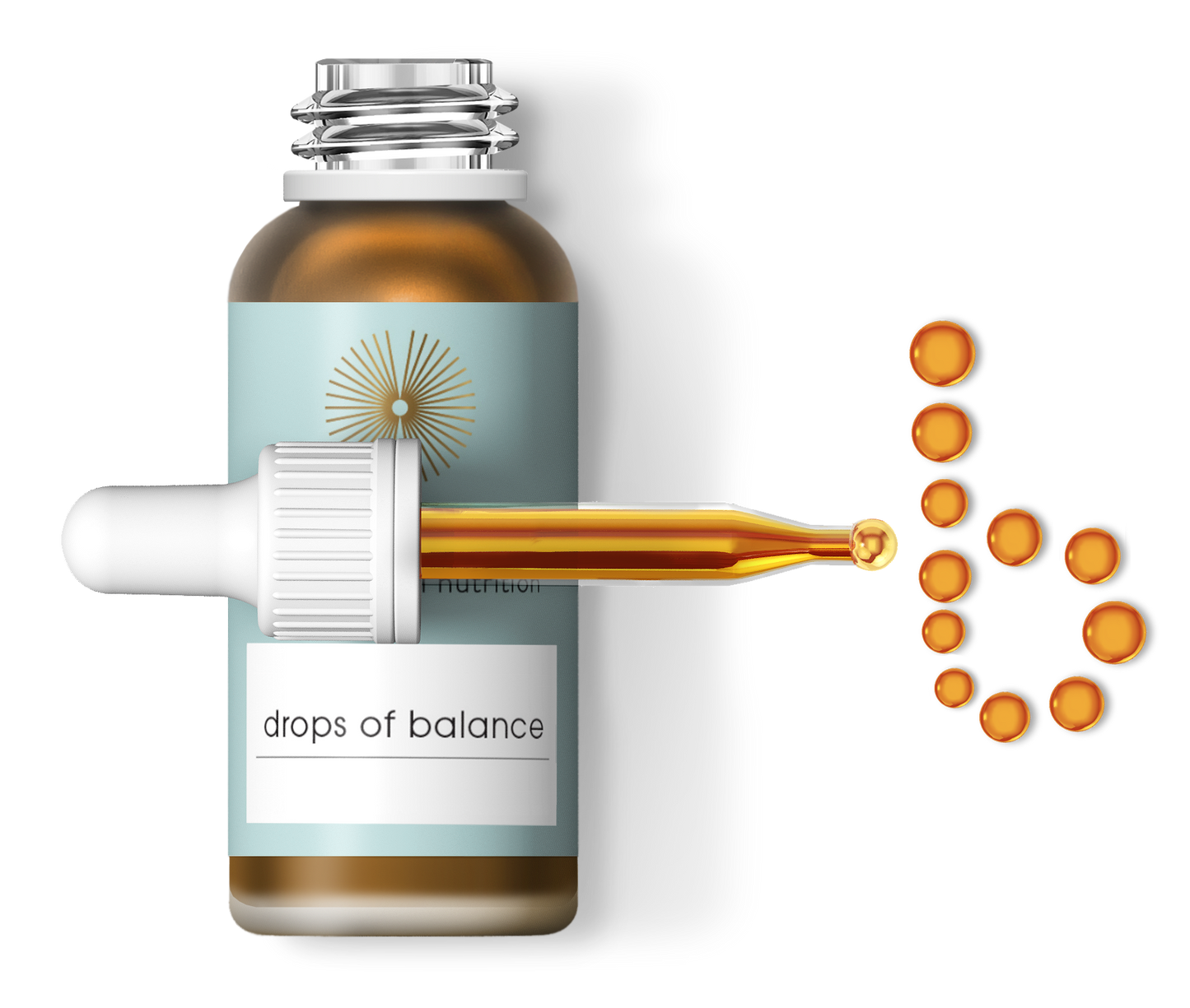 An amber glass bottle labeled "life armour® 100% natural nutrition drops of balance." The white dropper cap is in front of the bottle and spills out drops that create the letter b