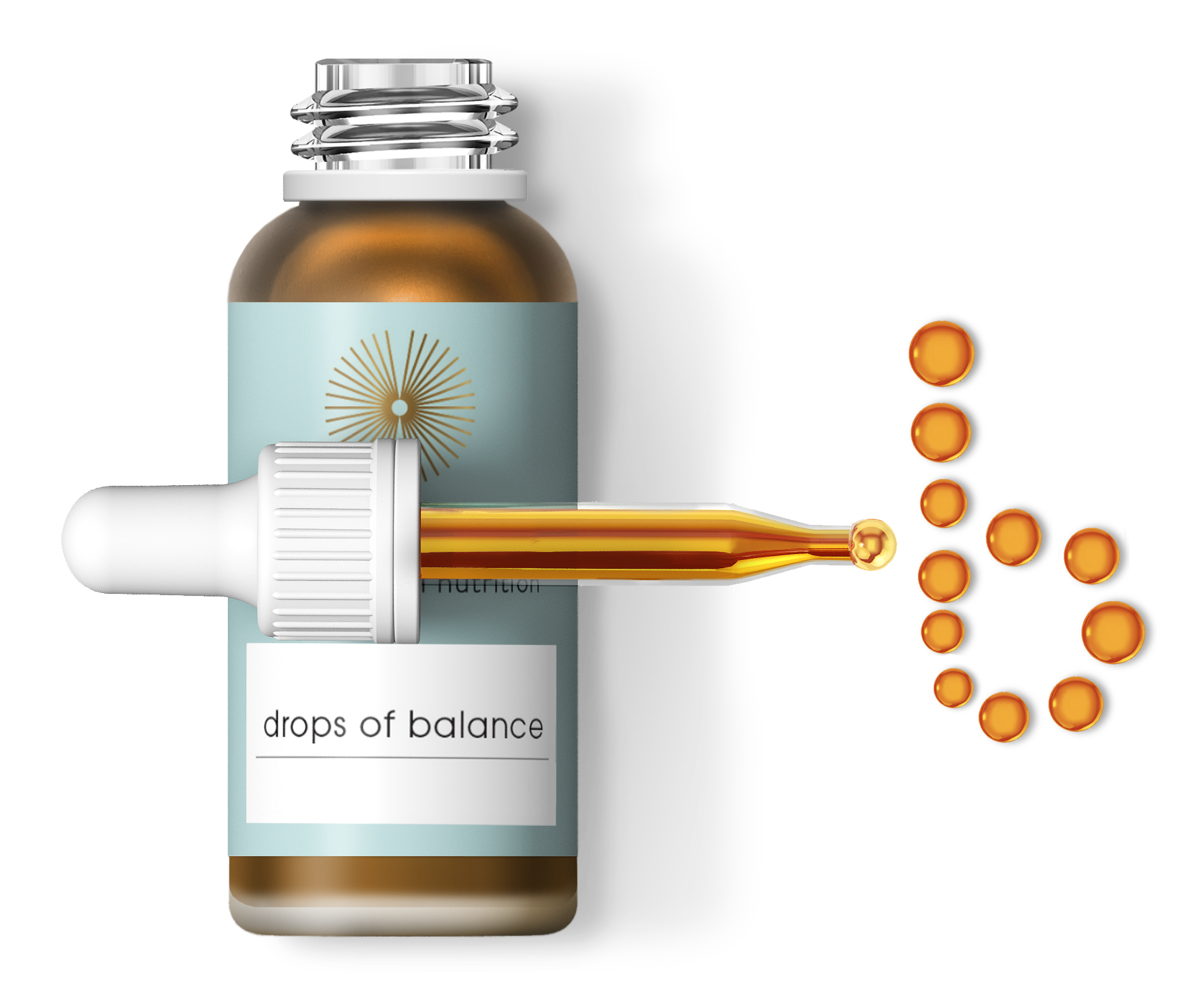 An amber glass bottle labeled "life armour® 100% natural nutrition drops of balance." The white dropper cap is in front of the bottle and spills out drops that create the letter b