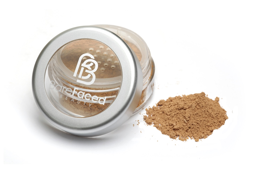 BareFaced Beauty Natural Mineral Foundation Make up Sample in Precious. Ethical mineral makeup. The powder mineral foundation is pictured in a clear plastic jar with a small pile of the powder sitting next to it.