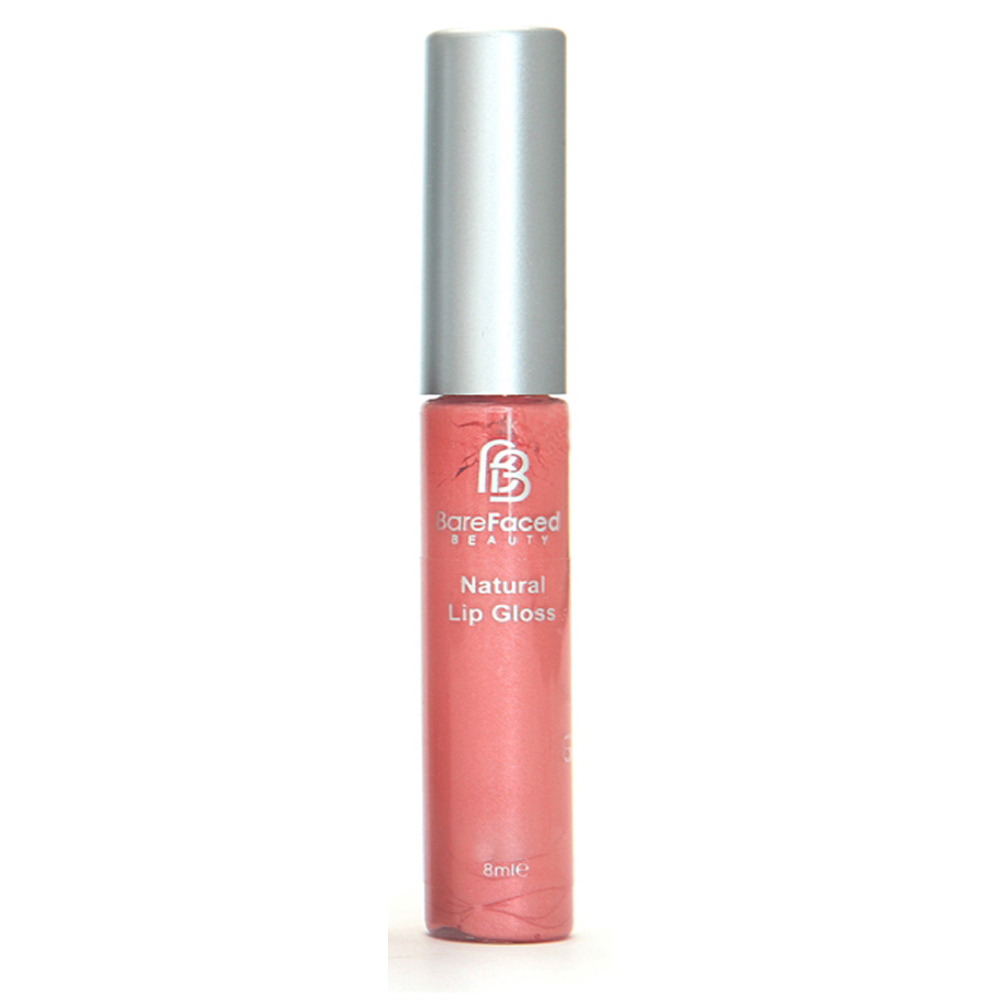 BareFaced Beauty Natural Mineral Lip Gloss in Blissful. Natural lip gloss. The mineral lip gloss is pictured in a clear plastic tube with a silver lid, and the logo in silver. The shade is a salmon pink.