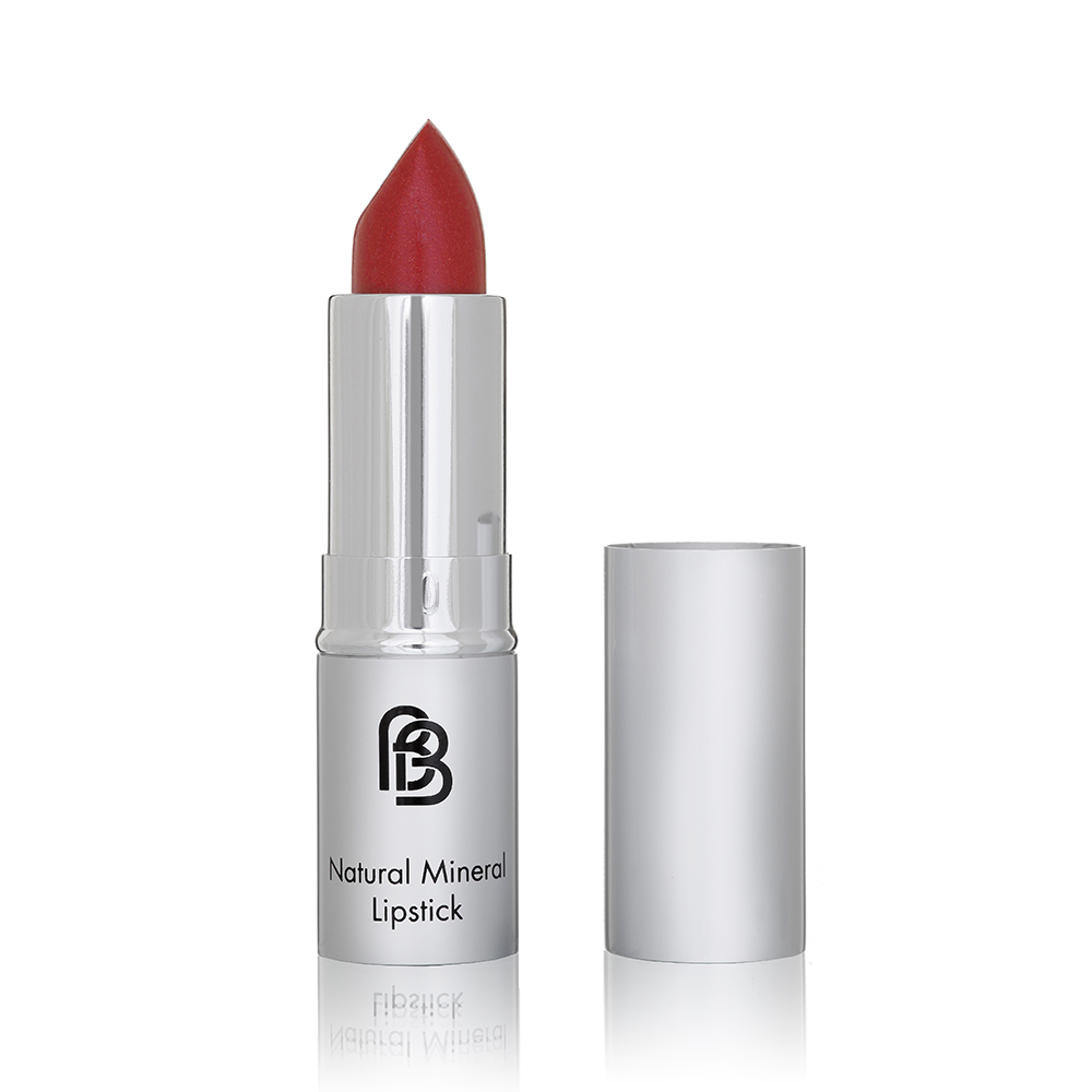 BareFaced Beauty Natural Mineral Lipstick in Dashing. Vegan lipstick. The mineral lipstick is pictured in a silver plastic tube with a silver lid, and the logo in black. The shade is a vibrant red.