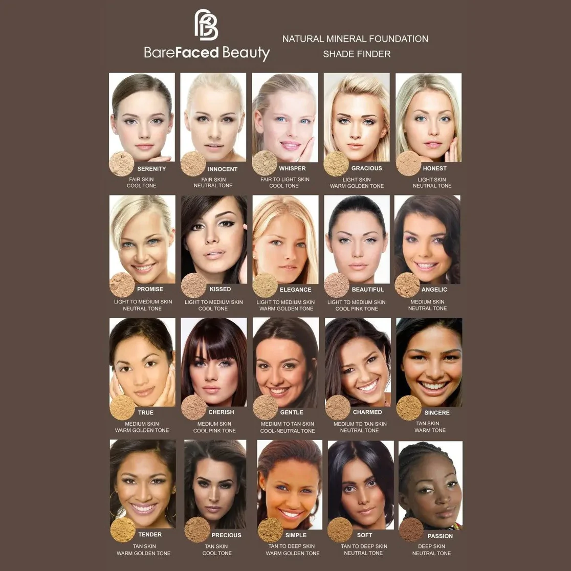 BareFaced Beauty Mineral Powder Foundation Sample Colour Chart