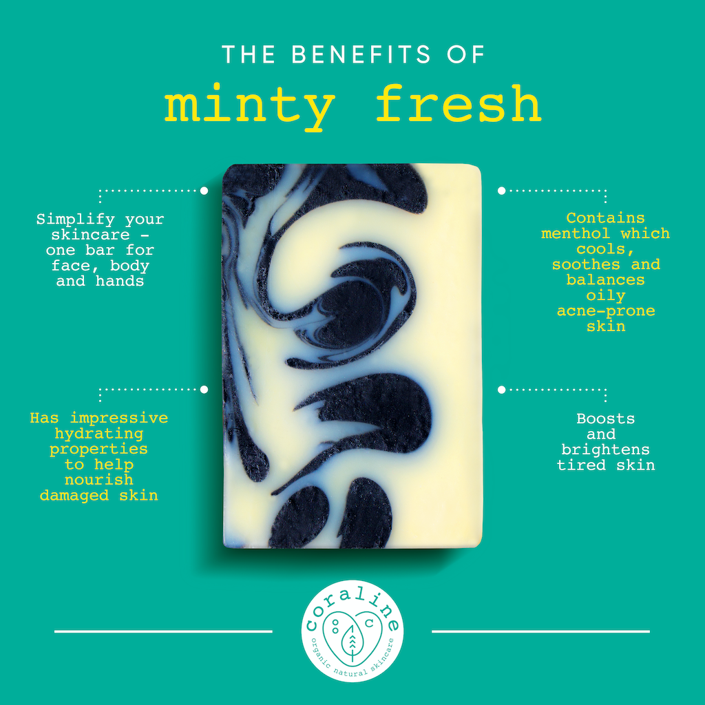 Infographic: A bar of minty fresh soap is centred against a turquoise background. Text around the soap highlights its benefits: simplifies skincare, hydrates, contains menthol for soothing acne-prone skin, and boosts brightening.