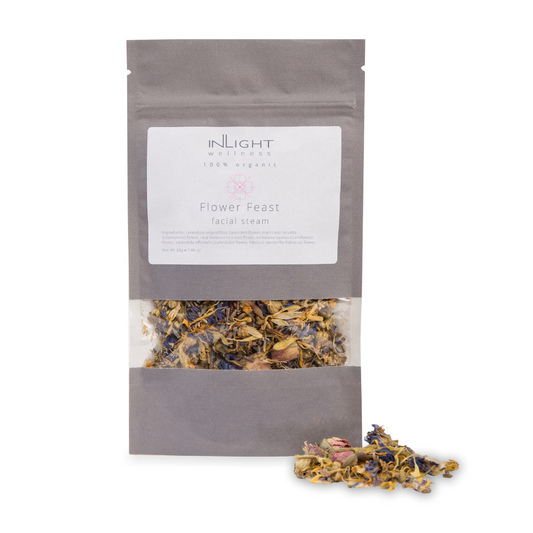 inlight beauty 100% organic floral facial steam photographed on a white background. the dried flowers come in a soft grey sachet with a white label that reads 'inlight wellness flower feast facial steam' and a clear window so you can see the yellow, pink and purple colour of the dried flowers inside
