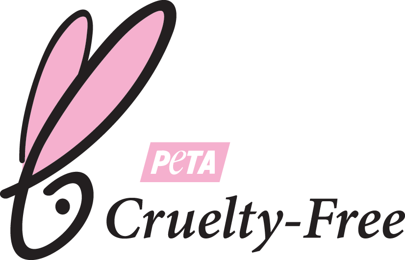 Logo featuring a stylised pink bunny ear forming the letter "v" in "vegan," next to "cruelty-free" text and a small "peta" emblem in pink, all symbolising animal-friendly practices