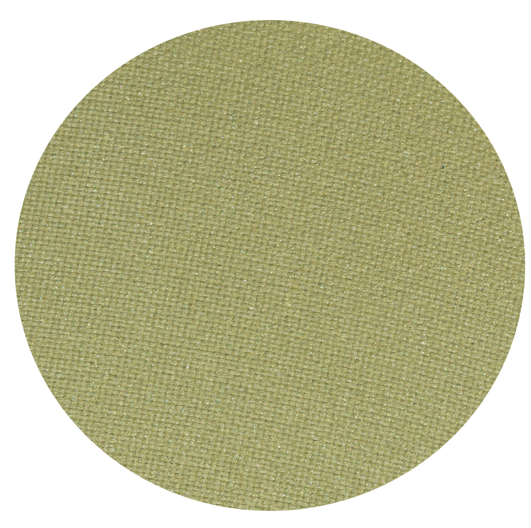 Close-up swatch of single pan Odylique organic eyeshadow in shade Seaweed, a muted mid-green with a soft sheen.