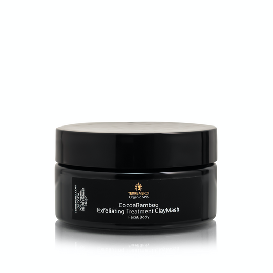 Terre Verdi CocoaBamboo Exfoliating Treatment ClayMask. Certified cruelty free skincare. In a black glass jar with a black glass lid, with a black label with white text.