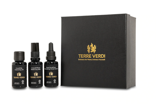 Terre Verdi Organic Gift Set for Face with Replenishing Face Serum. Natural skincare gift set. All of the products are in black bottles and stand next to a luxury black box embossed in gold with the Terre Verdi logo.