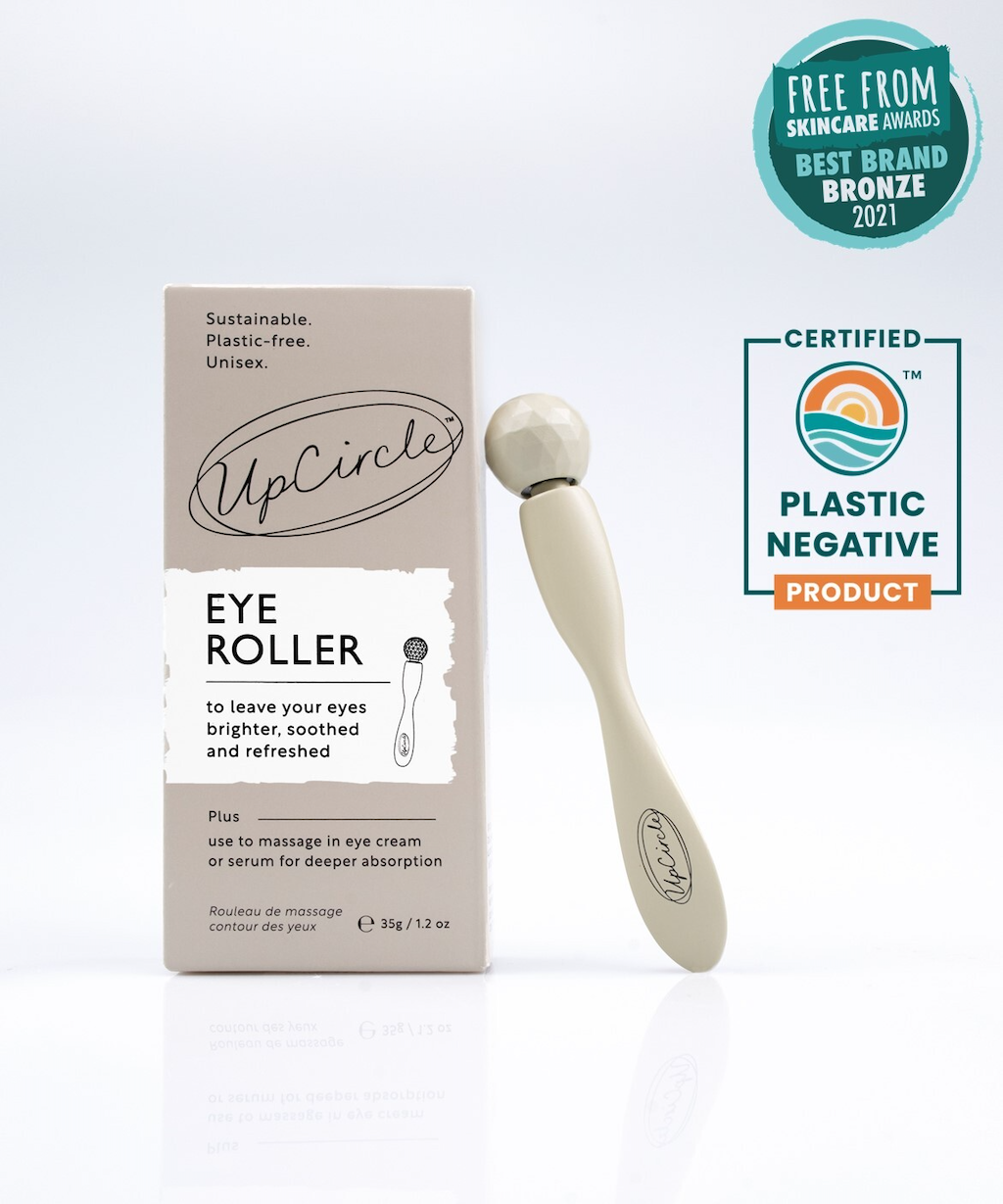 bestselling and award winning eye roller tool  from upcircle beauty. a certified plastic negative
