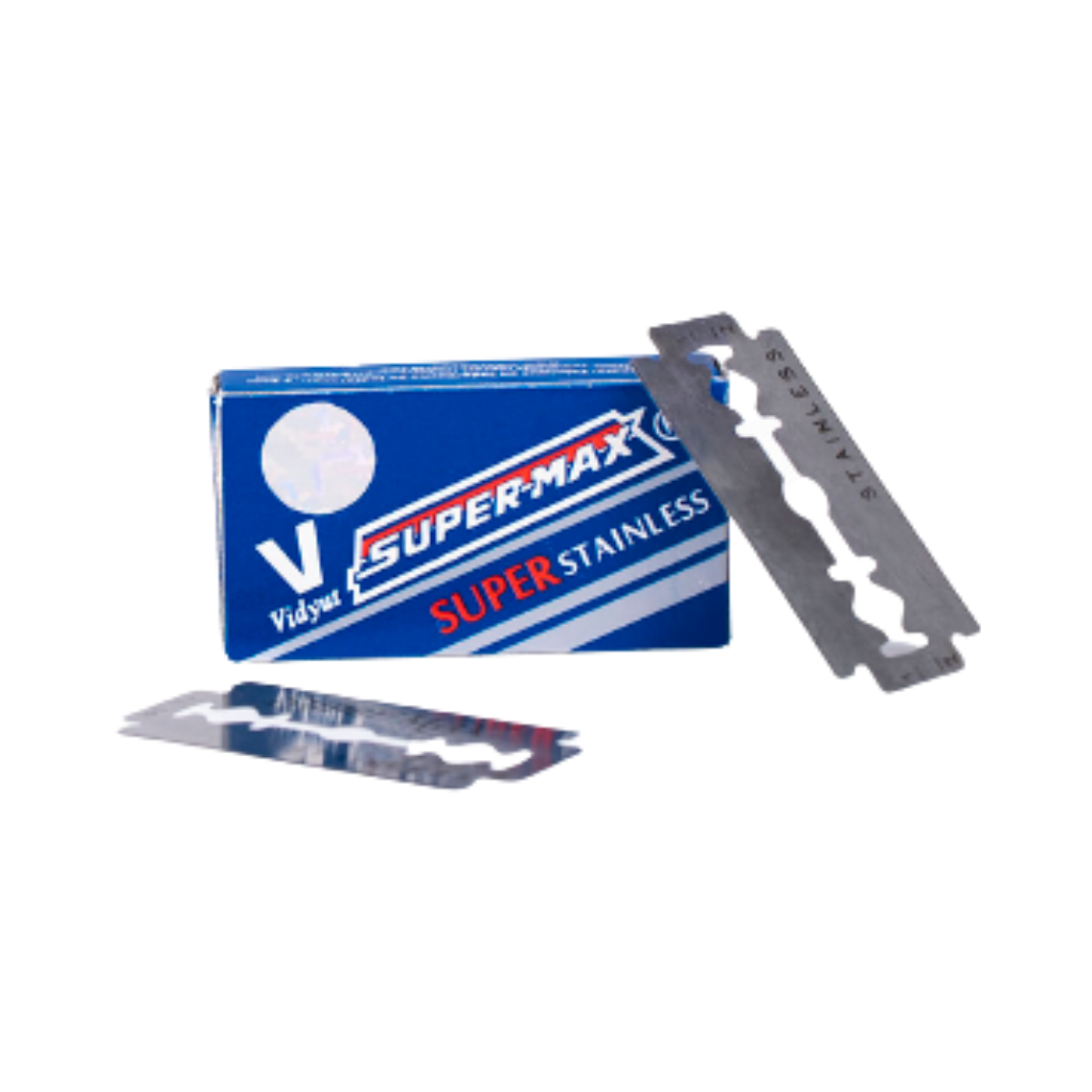 Blue Super-Max Super Stainless razor blade packaging shown with two individual blades, one lying flat and another propped against the box. The blades have "Stainless" engraved on them.
