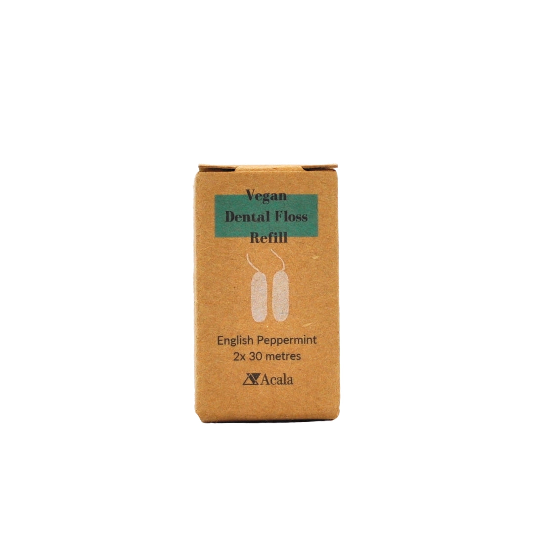 Brown recycled cardboard box with black text and turquoise accent. Containing refills of the Acala Vegan Dental Floss, pictured on the box.