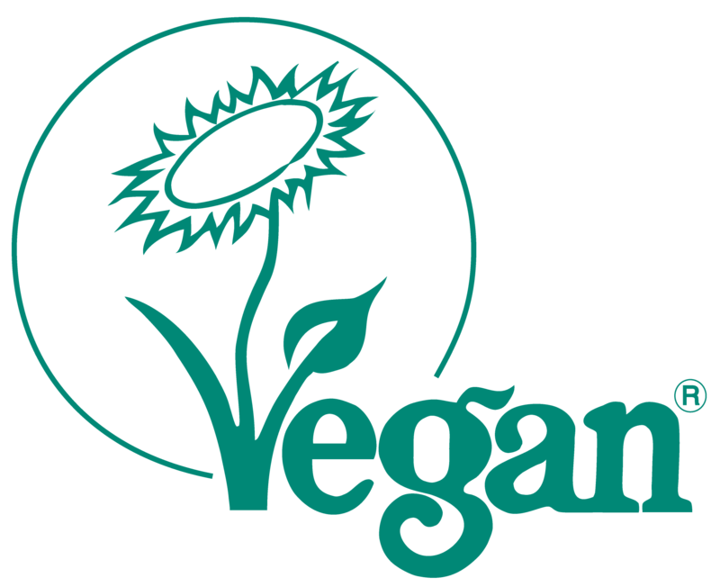 Green leaf emblem featuring a sunflower emerging from the V, indicating vegan certification