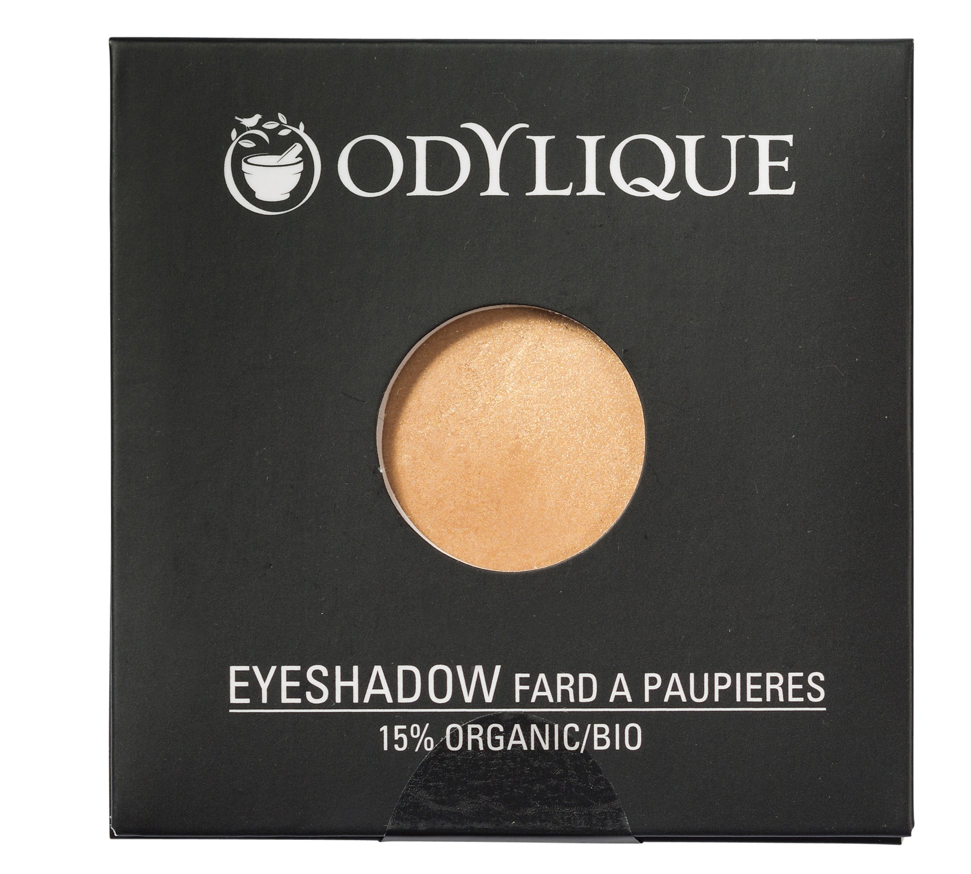 Single pan Odylique organic eyeshadow in shade Gold, placed in its black packaging.