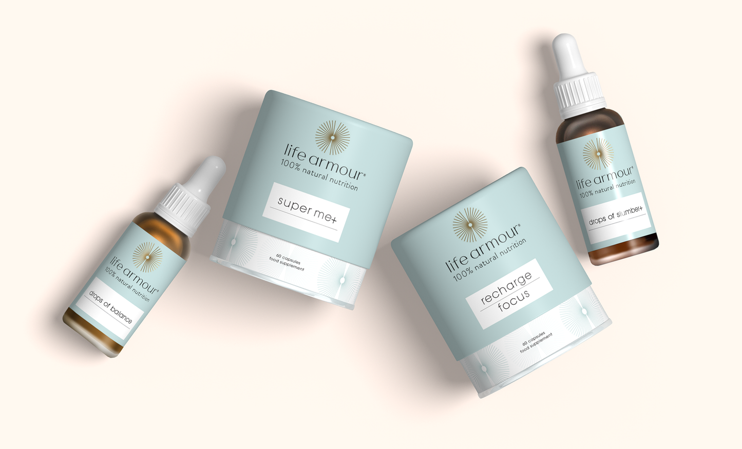 Overhead view of several Life Armour branded health and wellness products. This includes dropper bottles, jars, and a cylindrical package, all in soft pastel colors with minimalist design. The products are arranged on a light background.