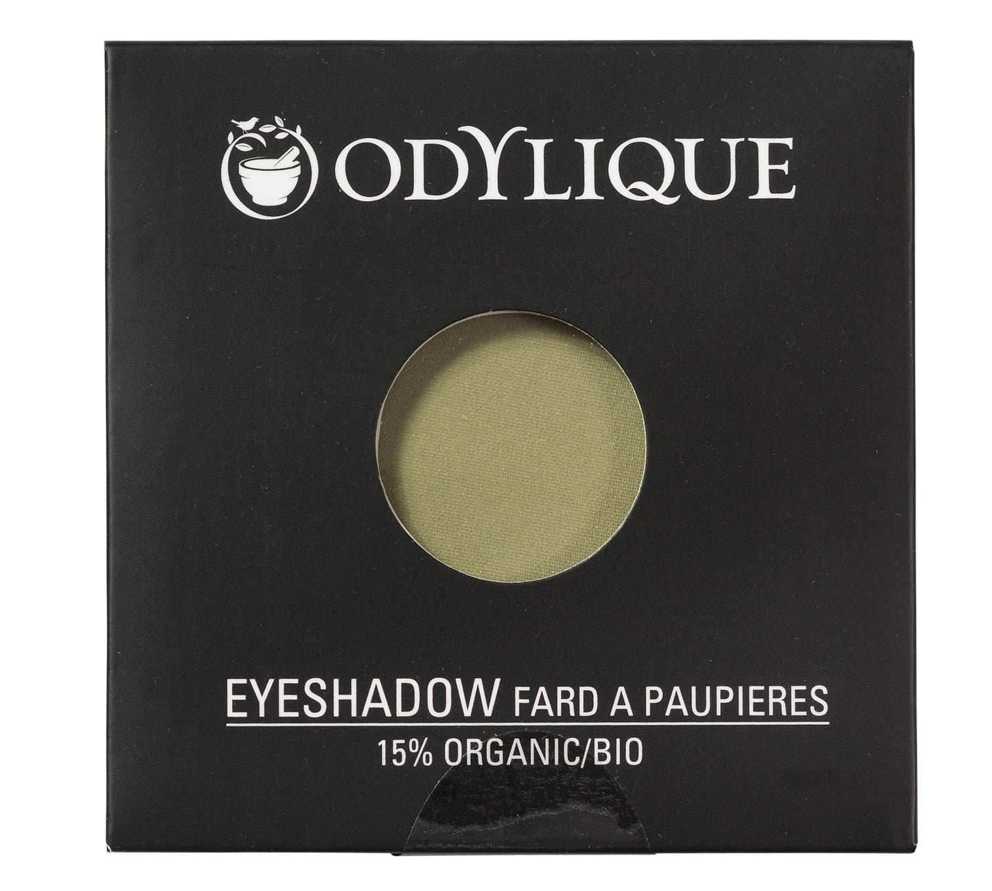 Single pan Odylique organic eyeshadow in shade Seaweed, placed in its black packaging.