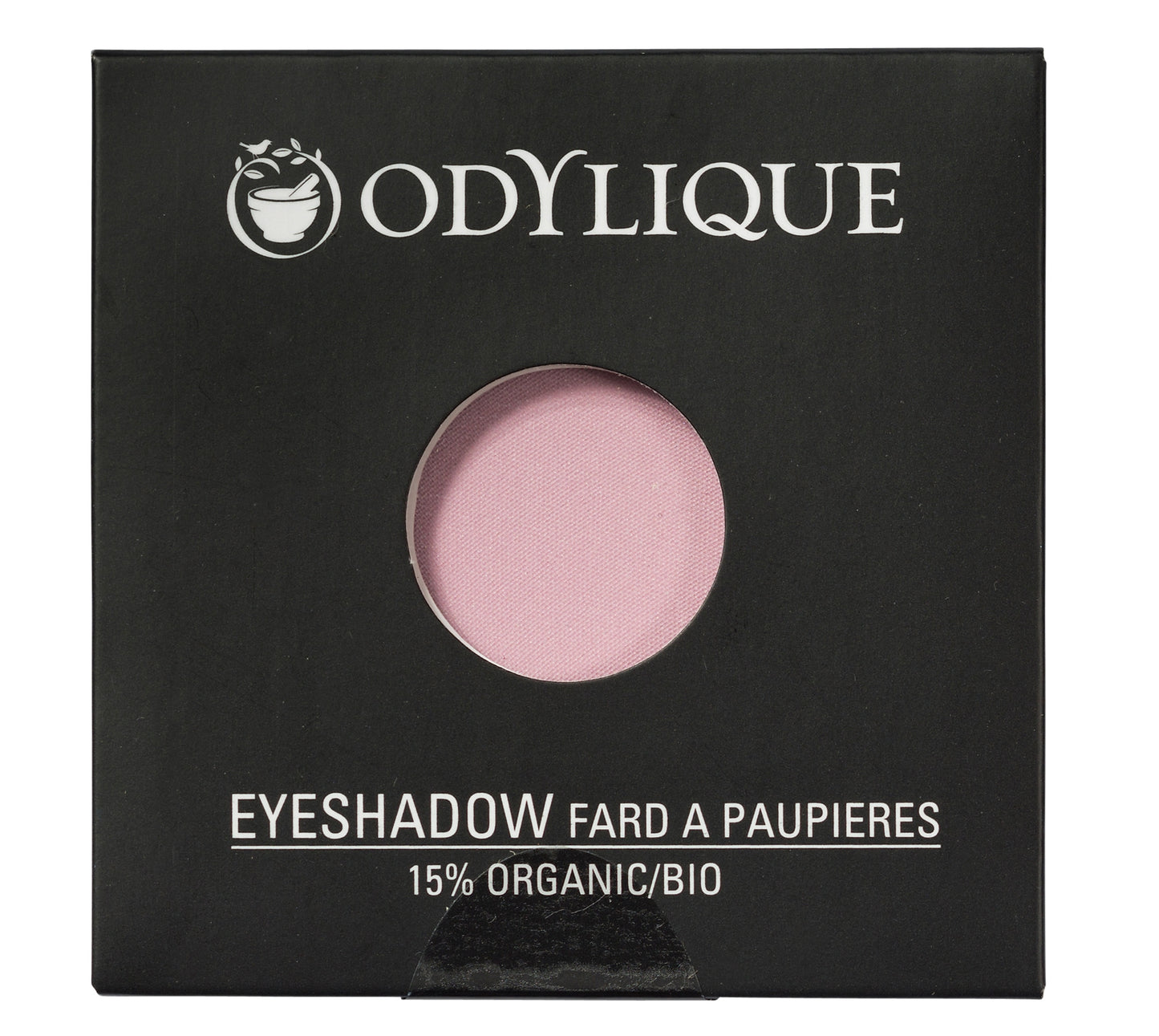 Single pan Odylique organic eyeshadow in shade Shell, placed in its black packaging.