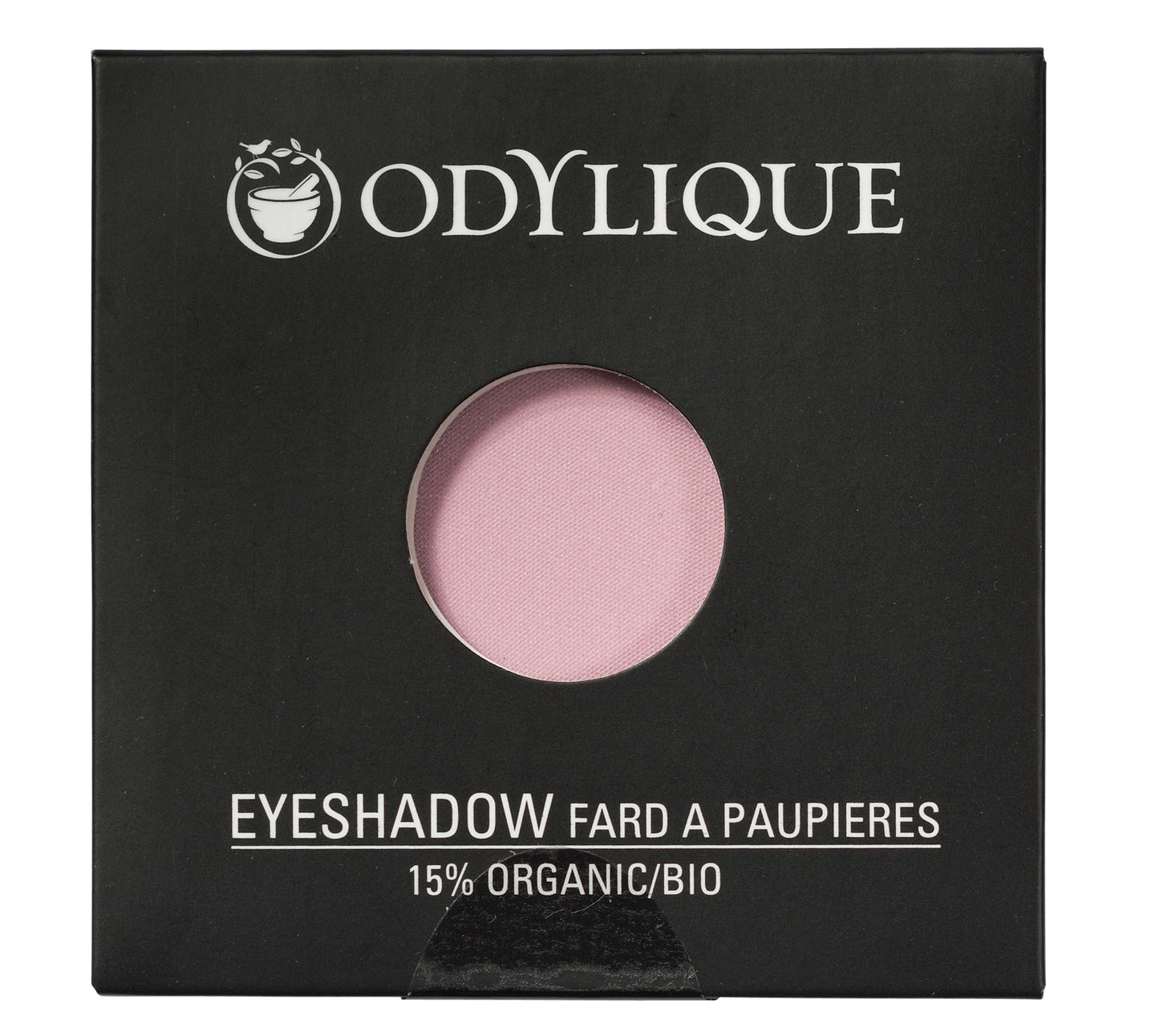 Single pan Odylique organic eyeshadow in shade Shell, placed in its black packaging.