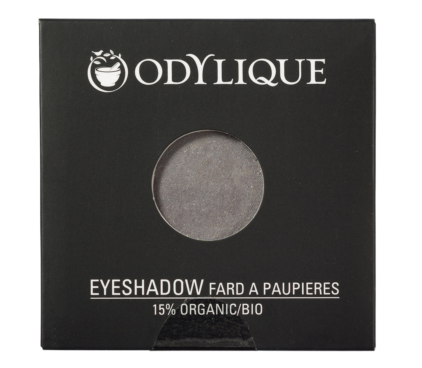 Single pan Odylique organic eyeshadow in shade Slate, placed in its black packaging.