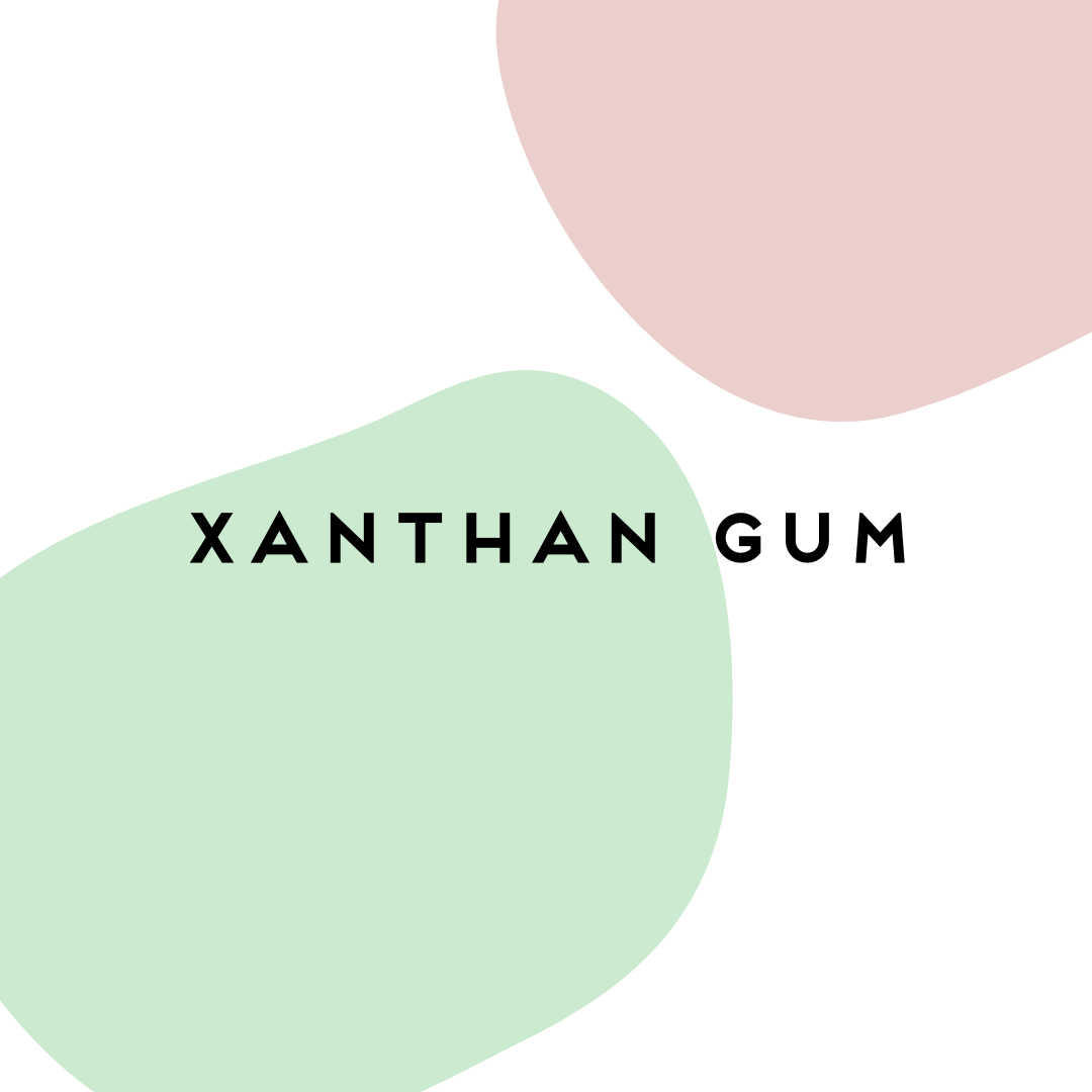 graphic of the word xanthan gum with organic shapes in green and pink