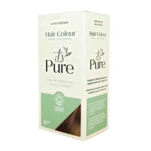 it's pure dark brown semi permanent natural hair dye in light green and green box on white background