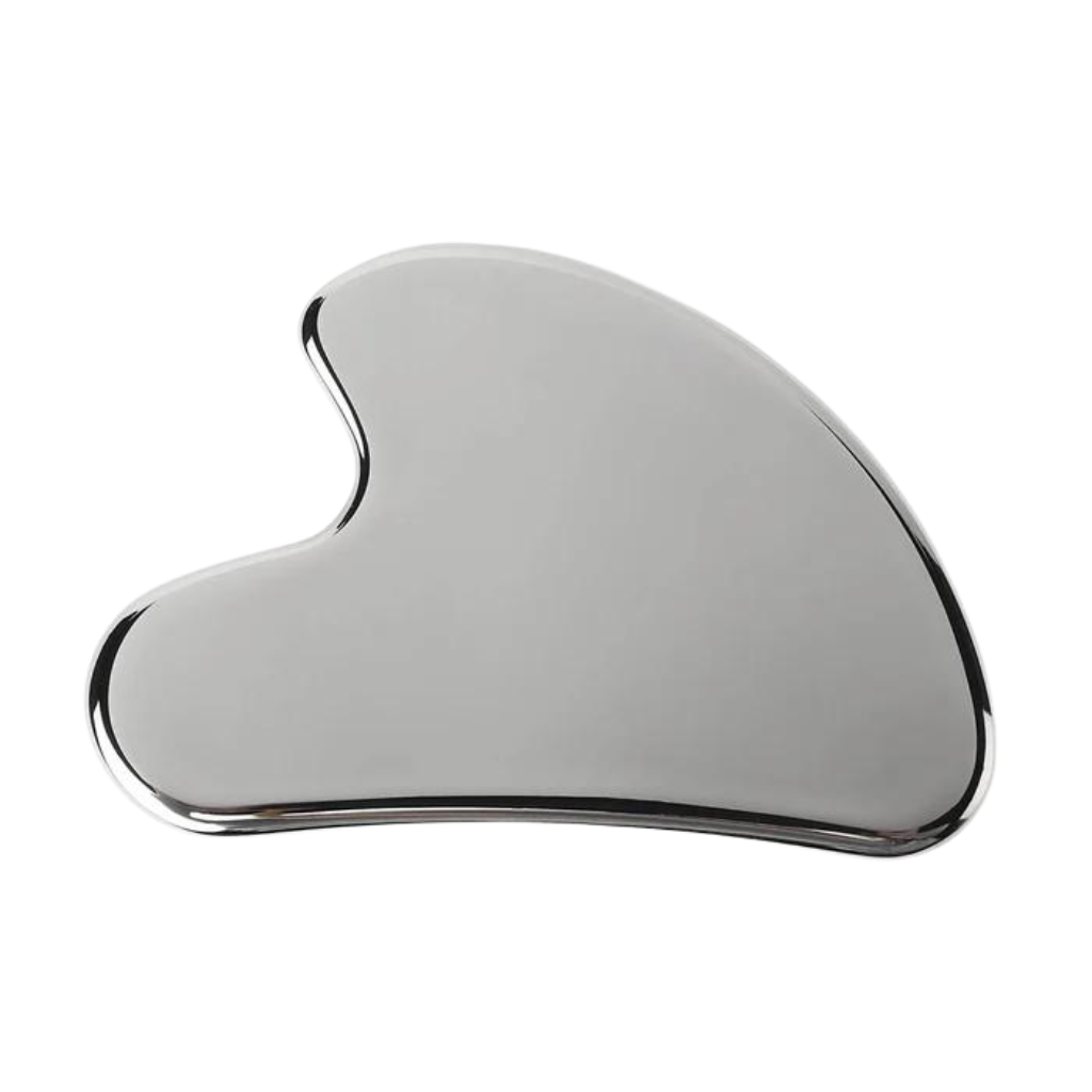 a shiny, metallic Gua Sha tool with smooth, curved edges against a plain white background.
