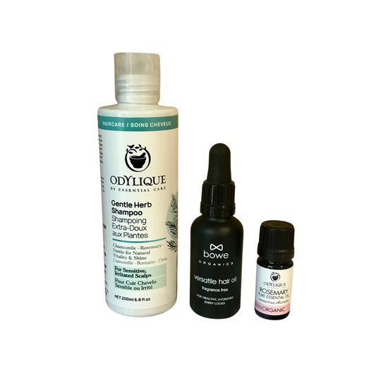 3 products that are good for hair and scalp health and growth are photographed on a white background. Left to right odylique's gentle herb shampoo, bowe organics fragrance free versatile hair and oil and odylique's organic rosemary essential oil