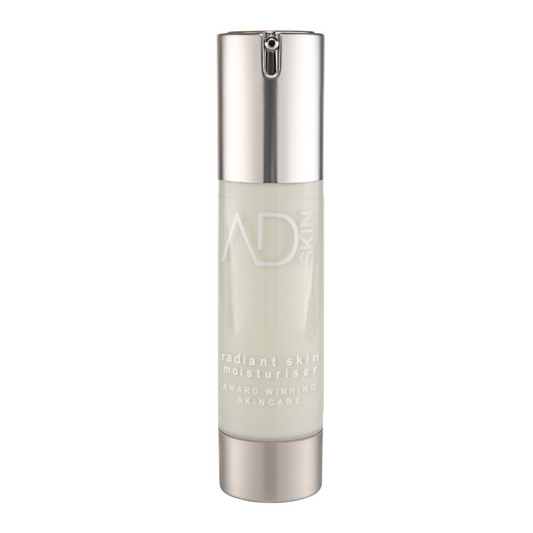  AD Skin Synergy Radiant Skin Moisturiser. Natural skincare. Award-winning. Pictured in it's clear bottle with silver pump