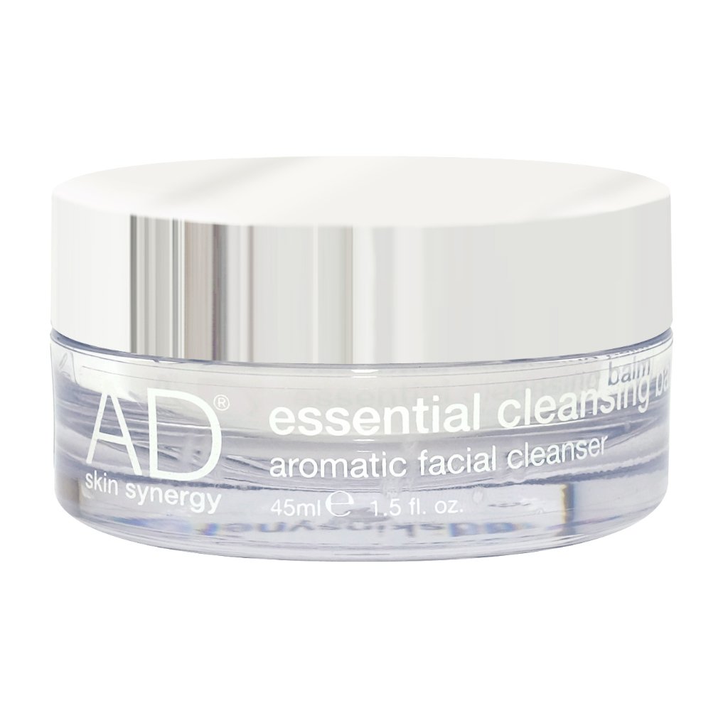 AD skin synergy cleansing balm in a clear acrylic pot and silver lid. 100% organic cleansing balm from natural, uk based skincare brand ad skin synergy