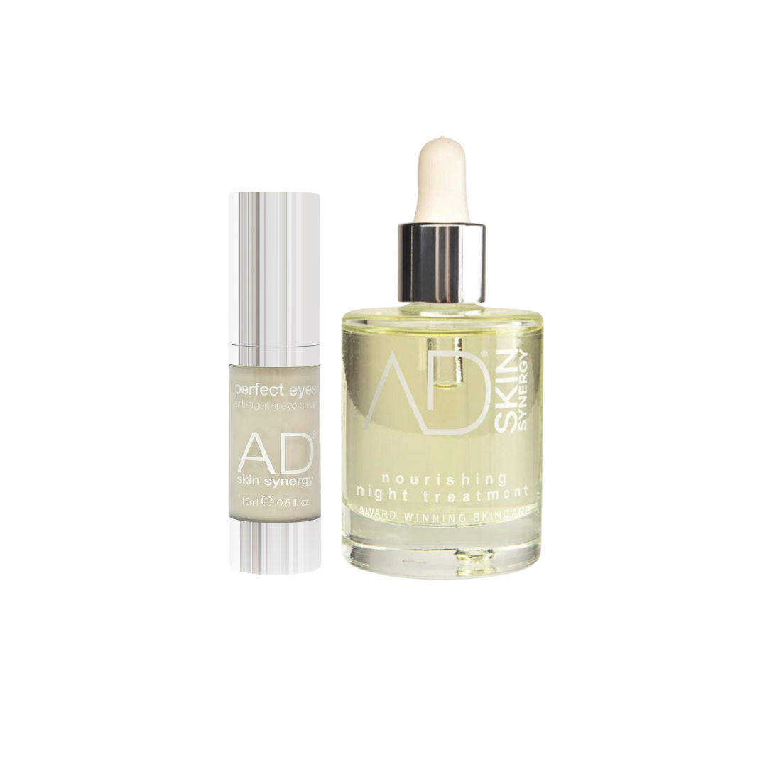 AD skin synergy anti ageing skincare gift set featuring perfect eyes eye cream and nourishing night treatment a 100% natural facial oil