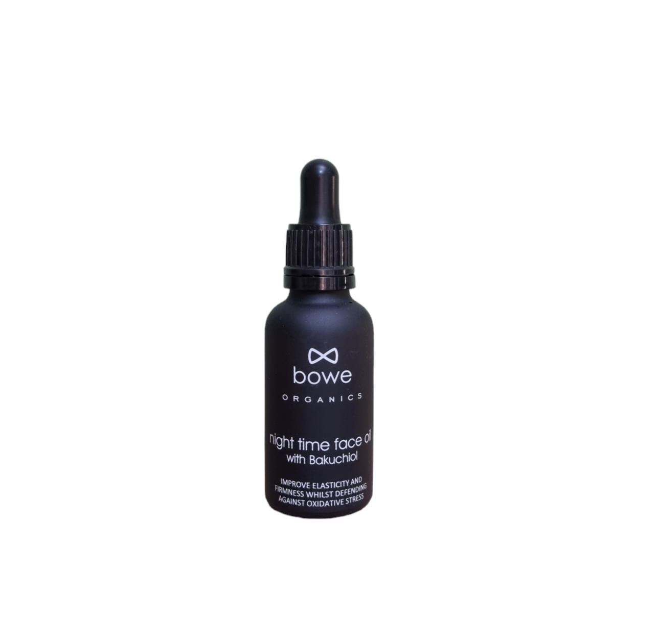 night time face oil made with bakuchiol bio retinol in a black frosted glass bottle and pipette. blended with essential oils for a natural fragrance