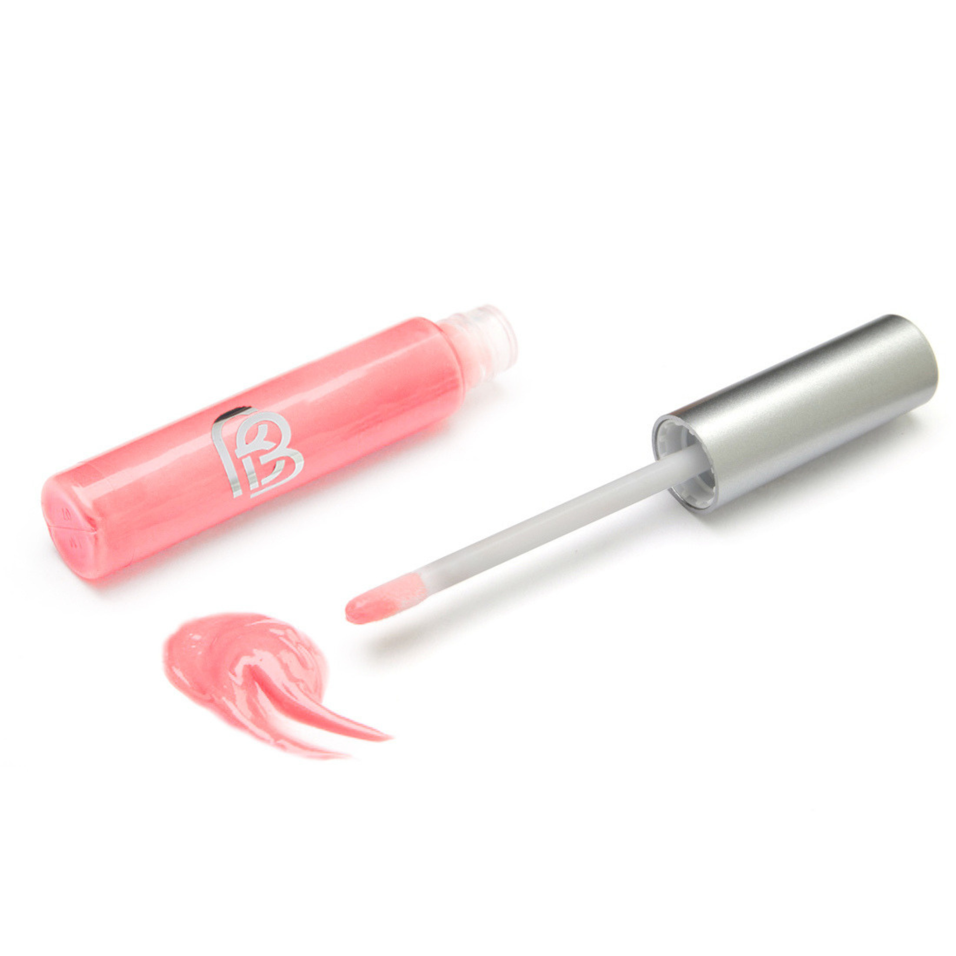 Light Pink lip gloss with applicator on a white background