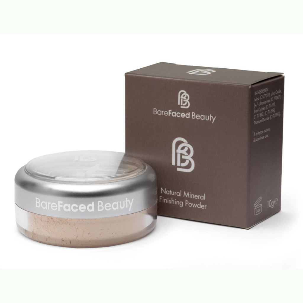 BareFaced Beauty Natural Finishing Powder. The powder is pictured in a clear plastic jar with a silver lid, in front of the brown box with the BareFaced logo in white.