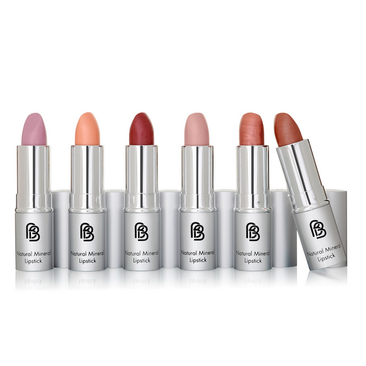 BareFaced Beauty Natural Mineral Lipstick. Cruelty free lipstick. There are six shades of lipstick pictured in aluminium tubes with black labels. The lids are off so the colours can be shown.