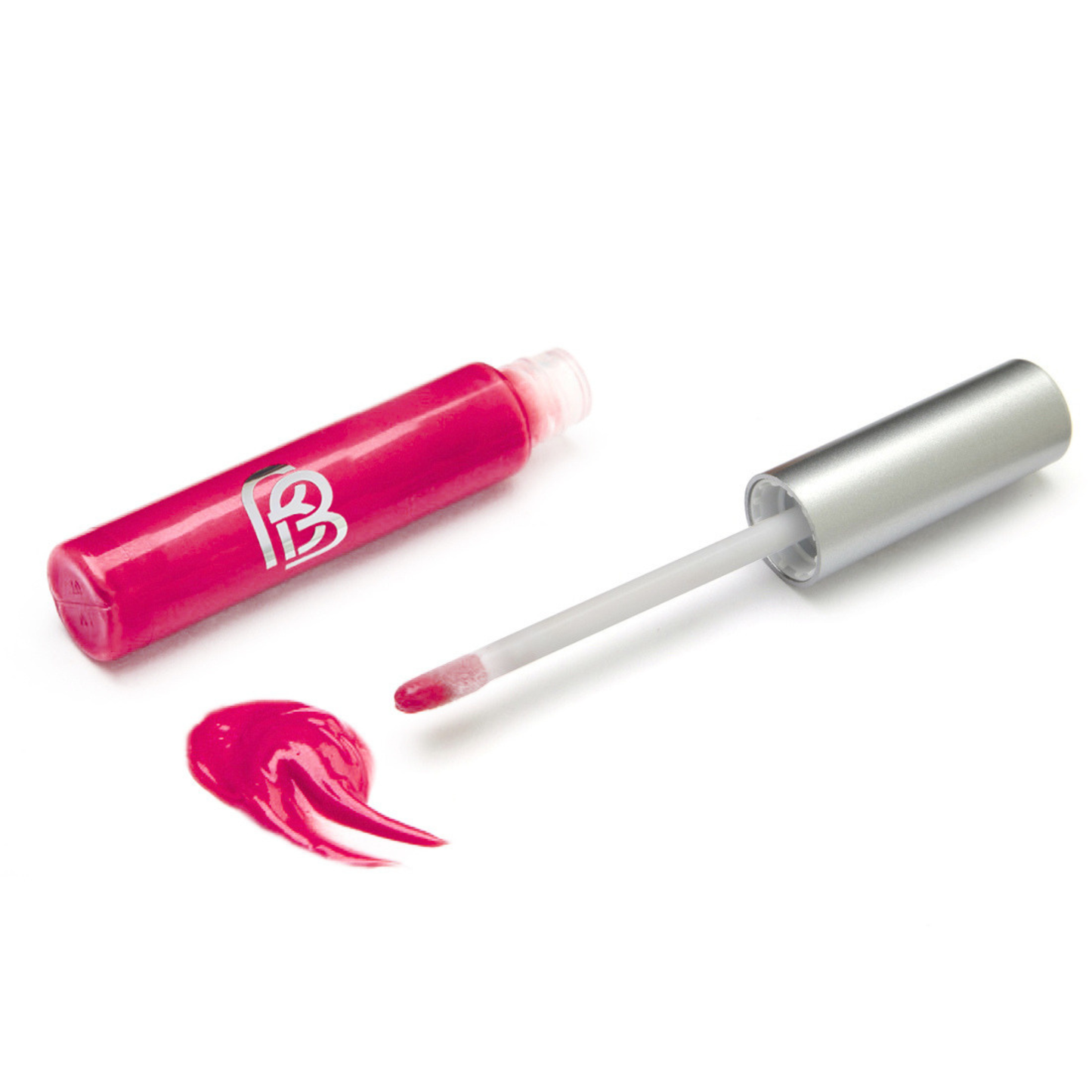 Fuchsia Pink lip gloss with applicator on a white background