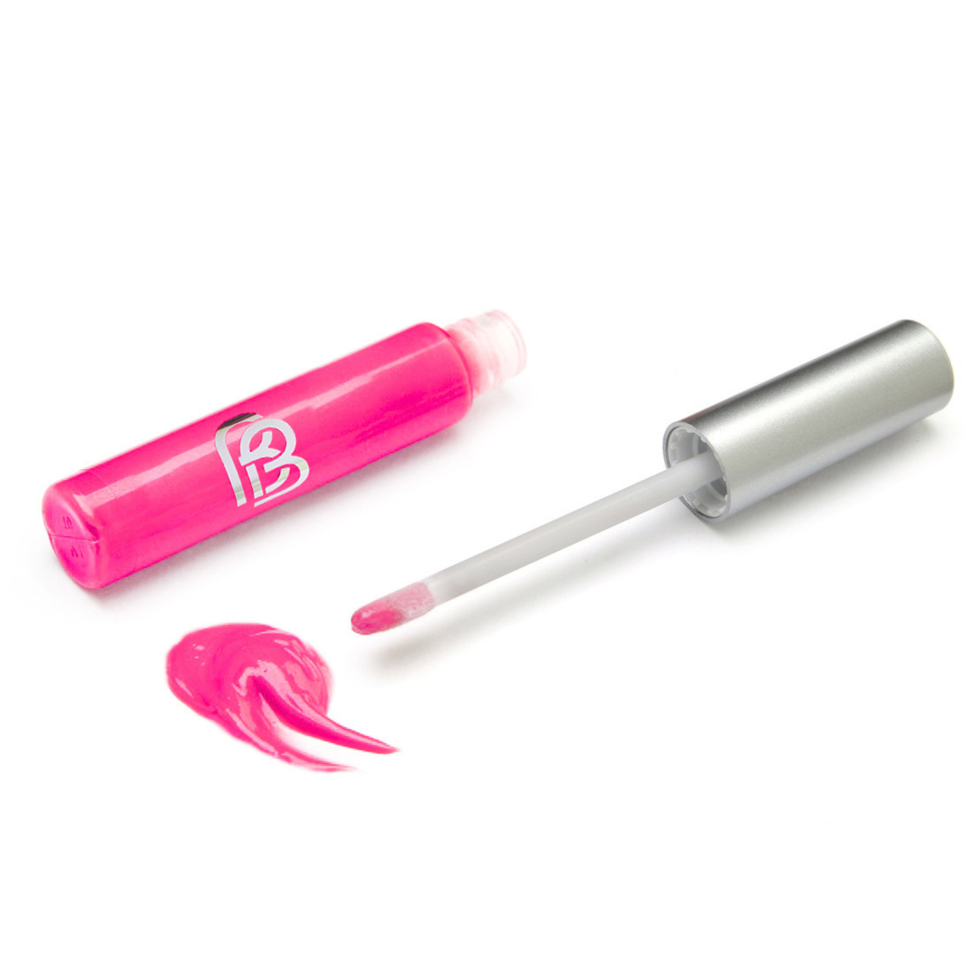 Bright Pink lip gloss with applicator and swatch on a white background