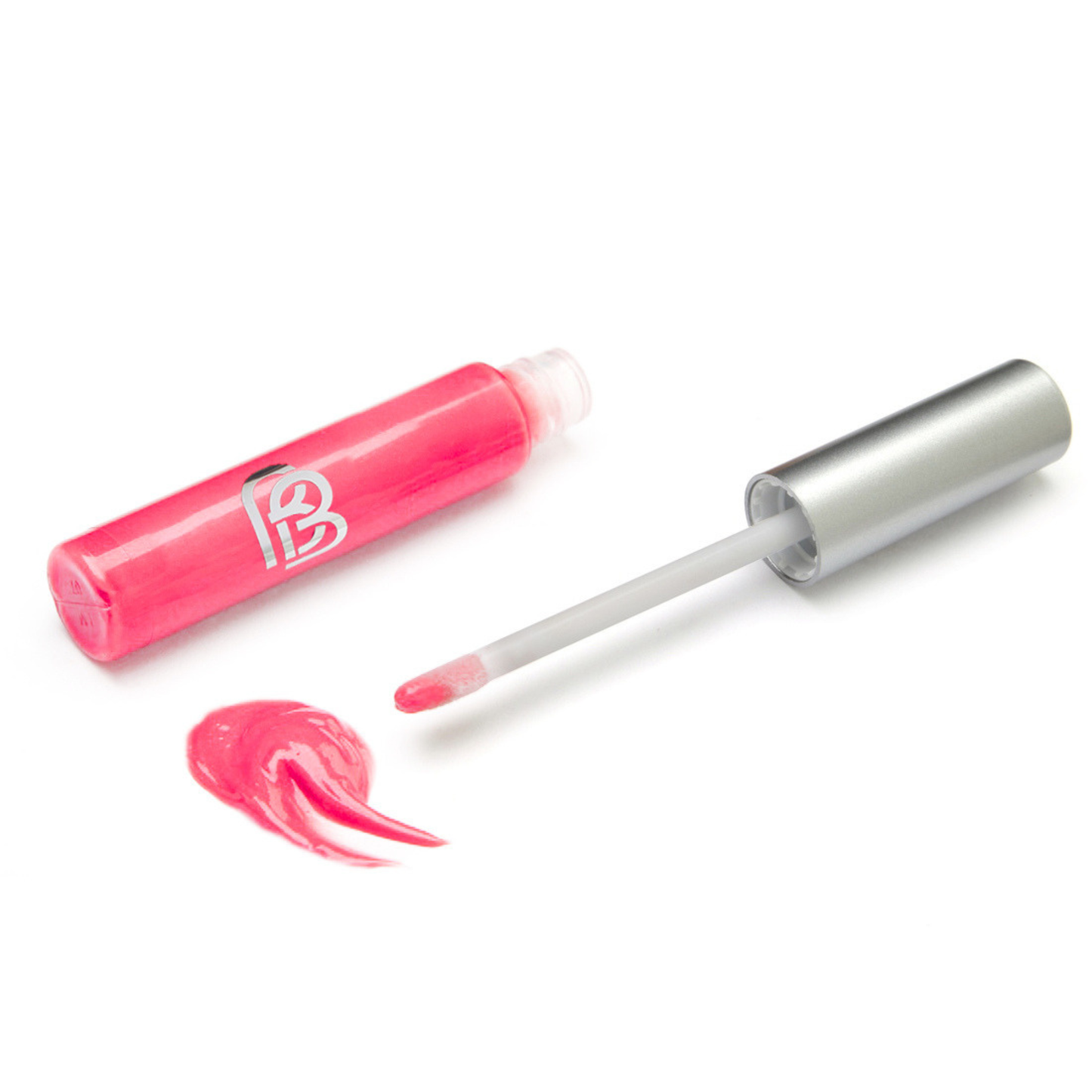 Bright Pink lip gloss with applicator on a white background