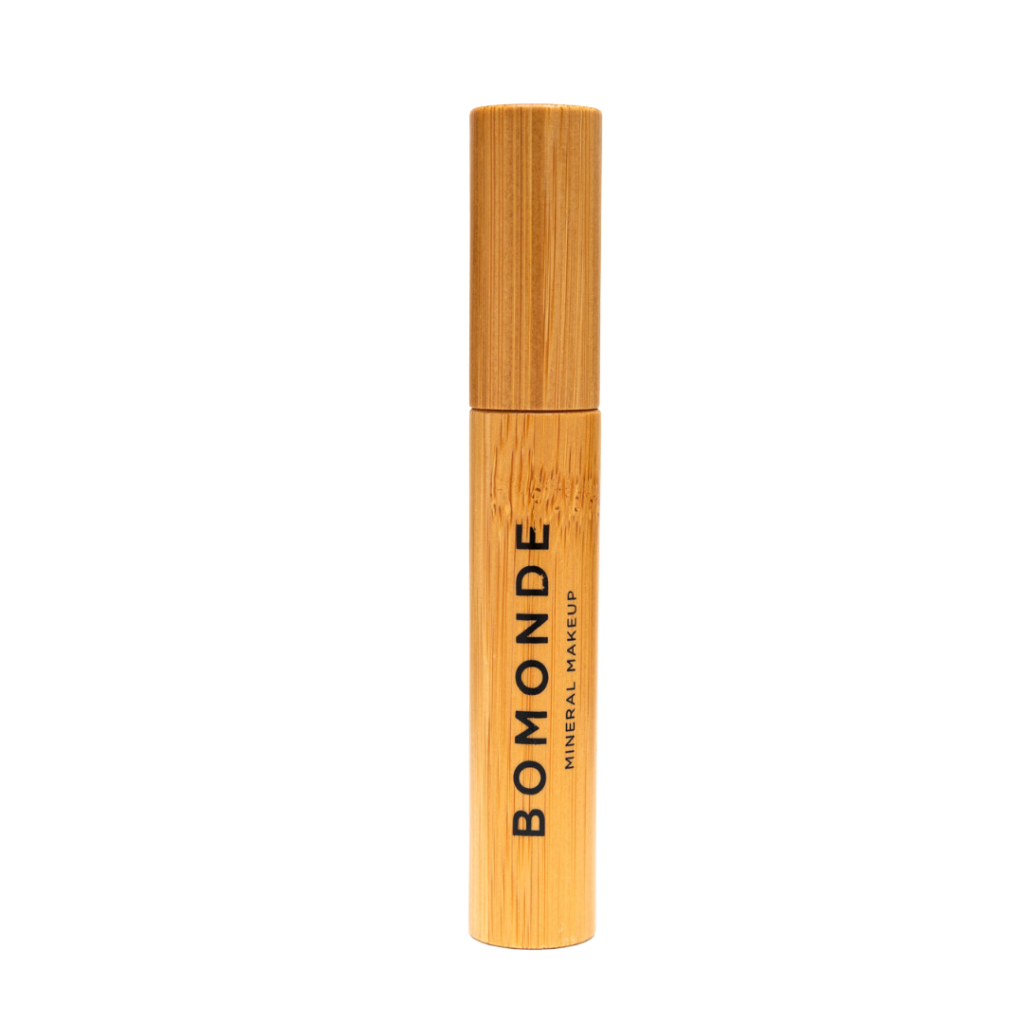 Bomonde Black mineral mascara packaged in wooden bottle which is made of bamboo and has the bomonde logo printed on it in black