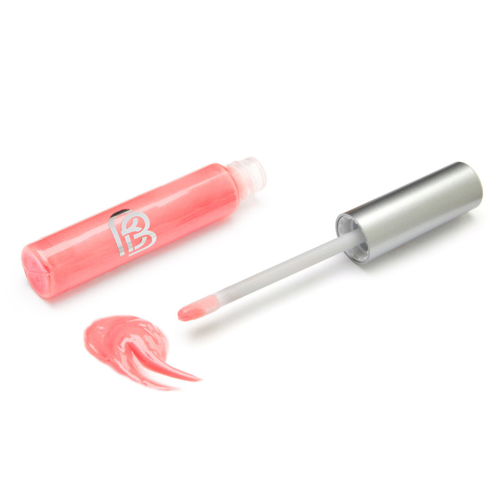 Pink lip gloss with applicator on a white background