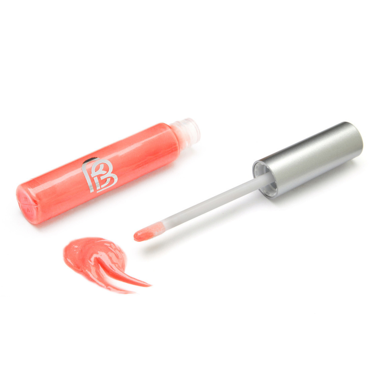Coral Lip gloss with applicator and swatch on a white background