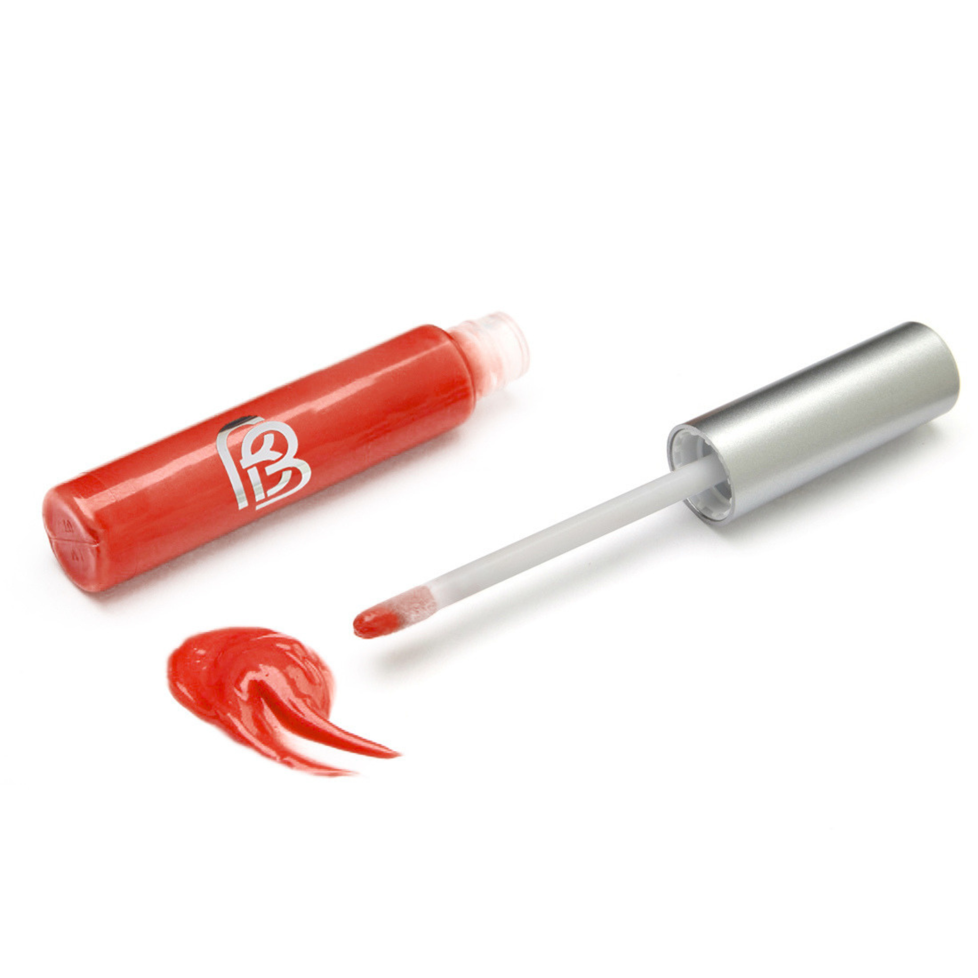 Soft Red lip gloss with applicator on a white background