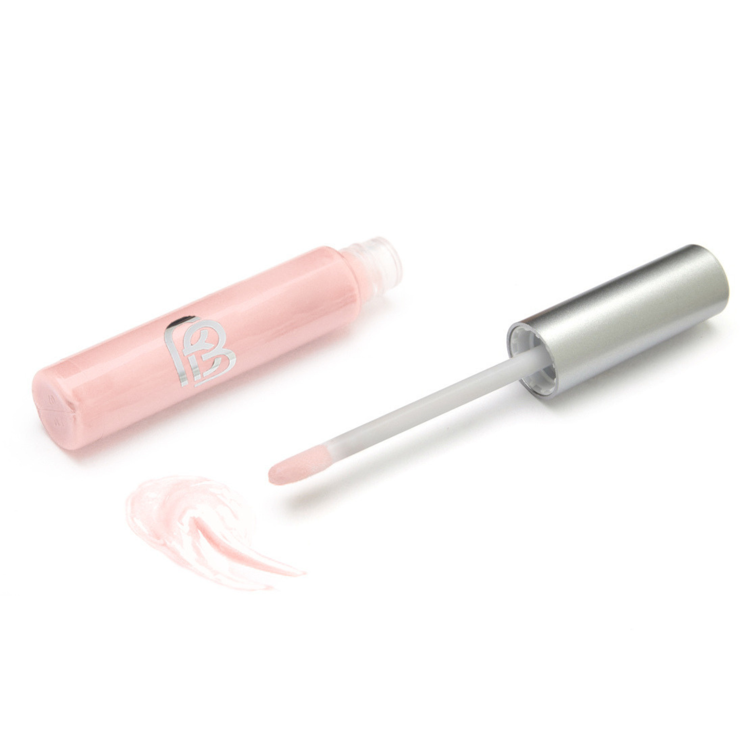 Pink lip gloss with applicator on a white background
