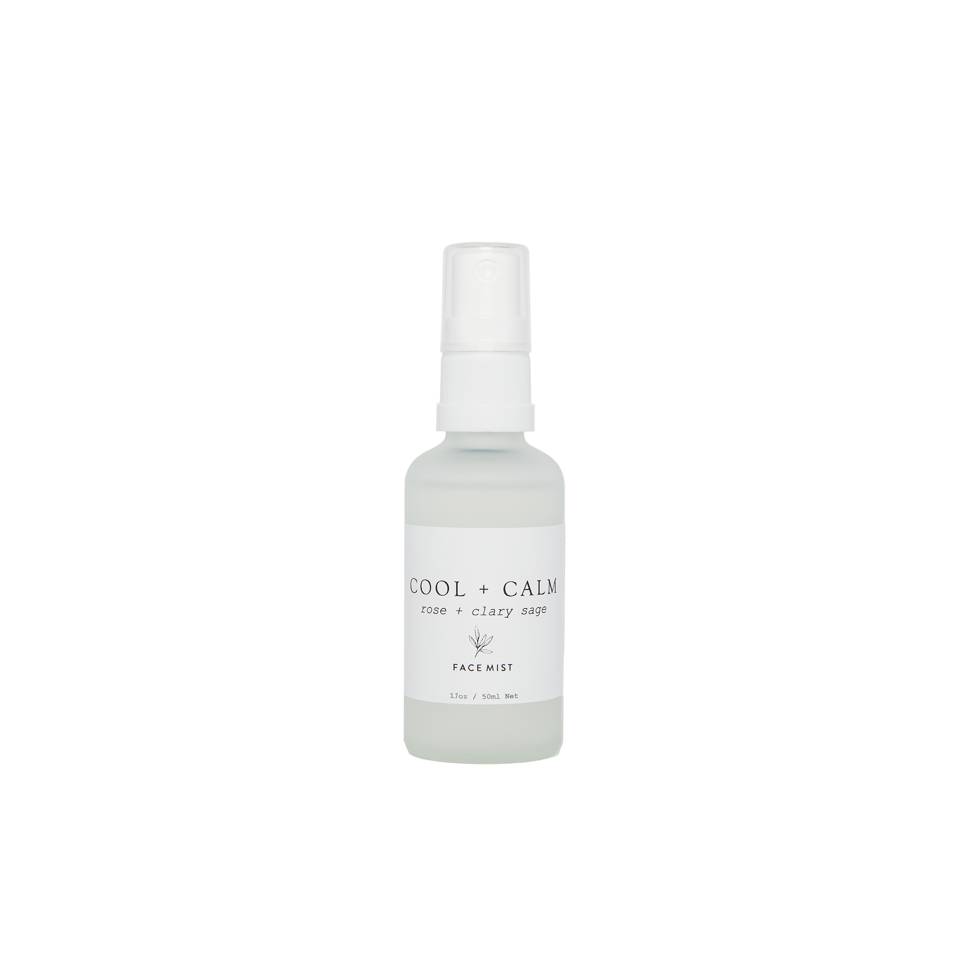 cool and calm rose water based mist for menopausal hot flushes and anxiety. In a frosted clear bottle with a white label and white pump