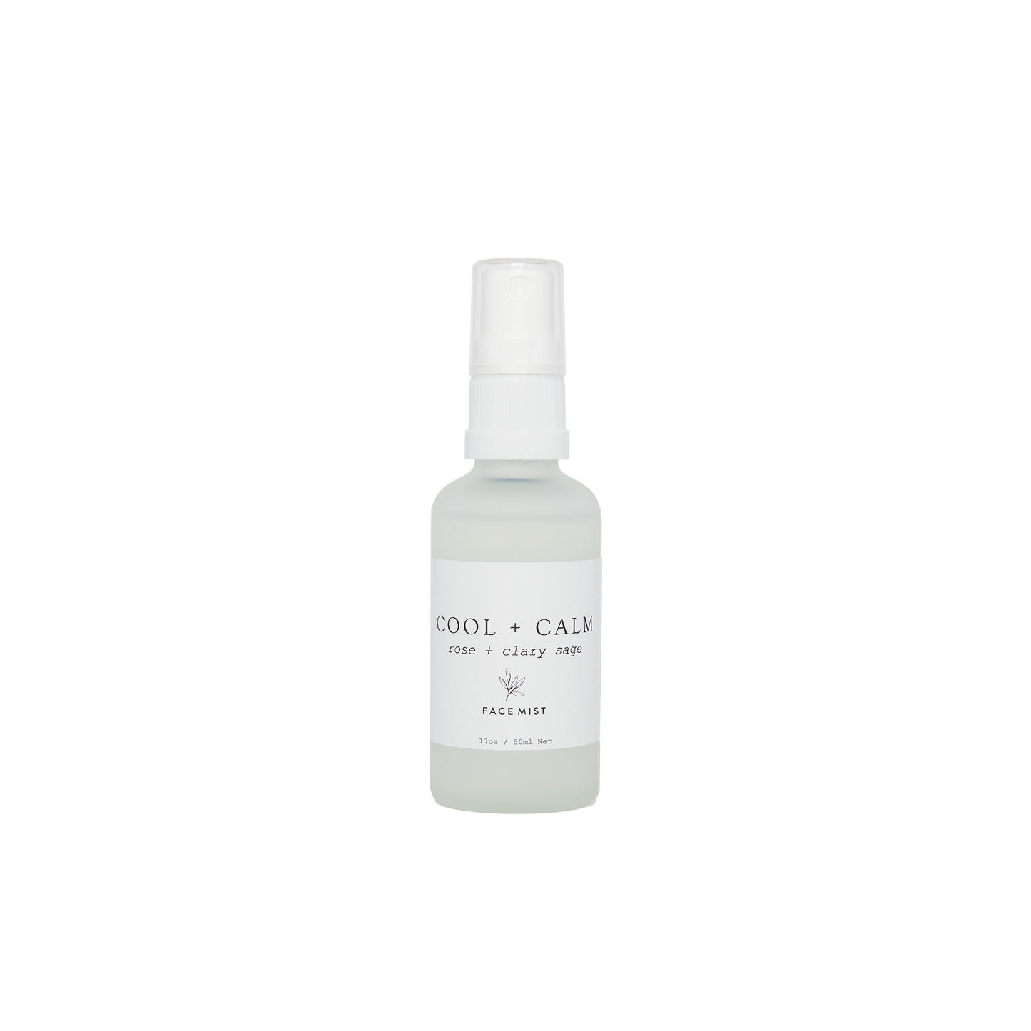 cool and calm rose water based mist for menopausal hot flushes and anxiety. In a frosted clear bottle with a white label and white pump