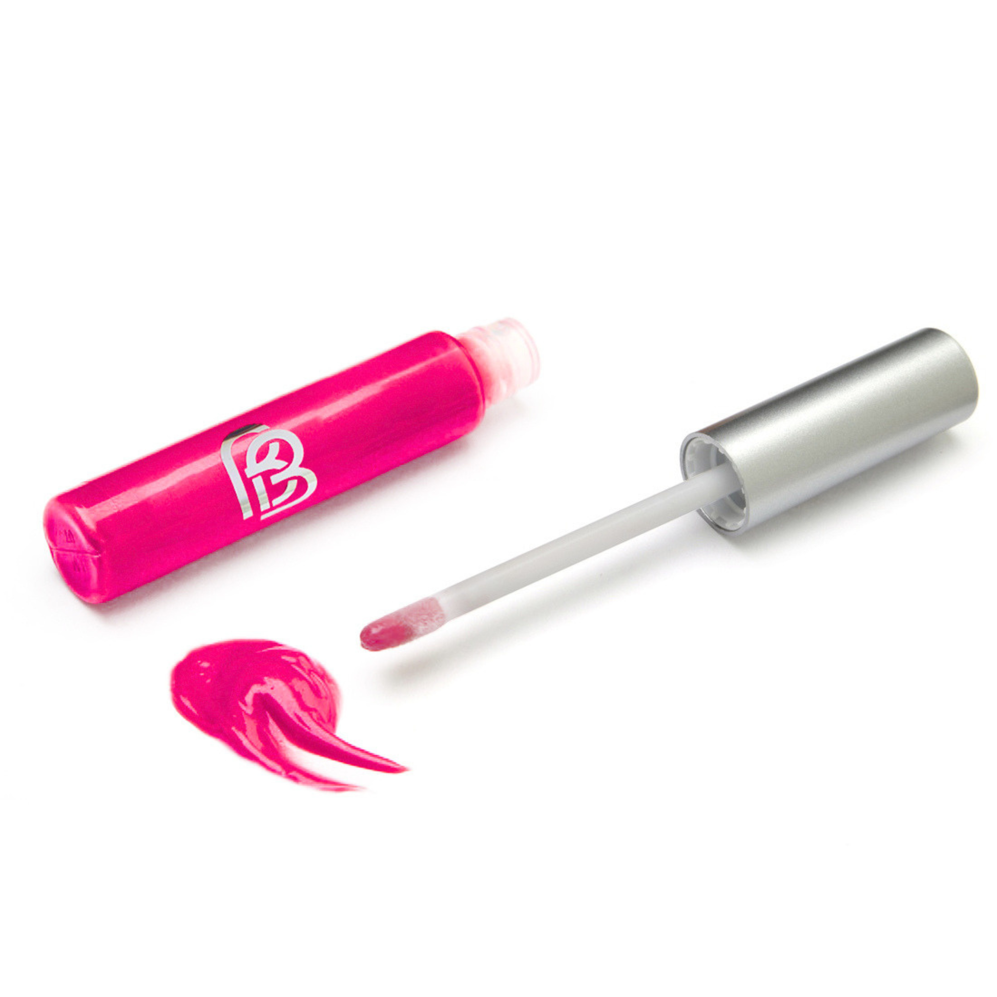 Neon Pink lip gloss with applicator on a white background