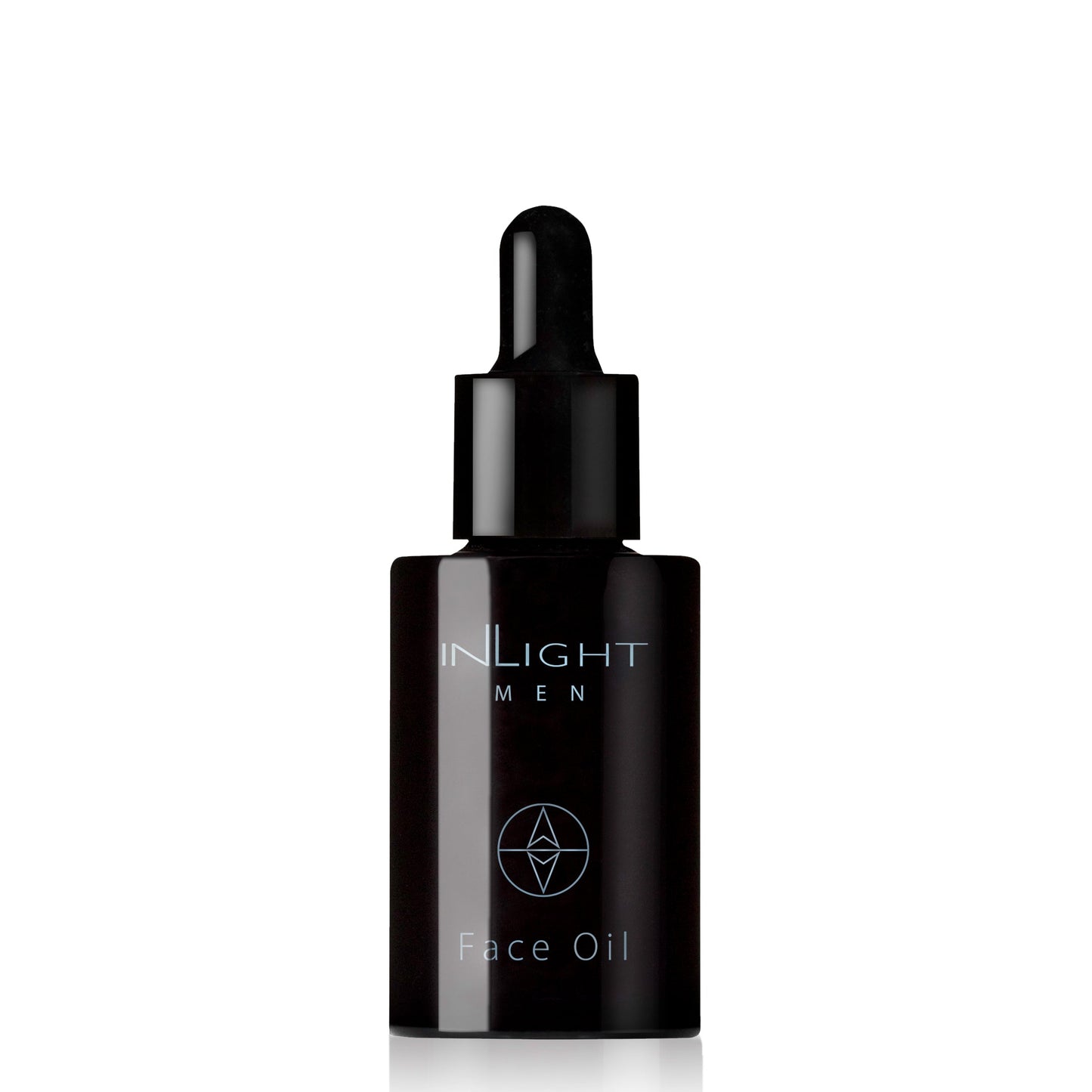 inlight beauty 100% organic face oil for men. handmade in cornwall. black miron flass bottle and pipette is on a white background