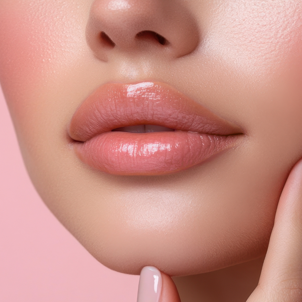 Close-up of a woman's lips with a soft pink background