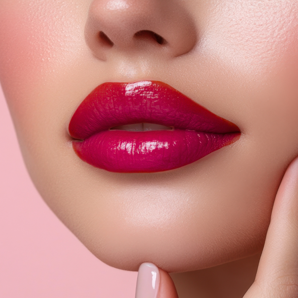 Close-up of a woman's lips with bright pink lipstick on a pink background