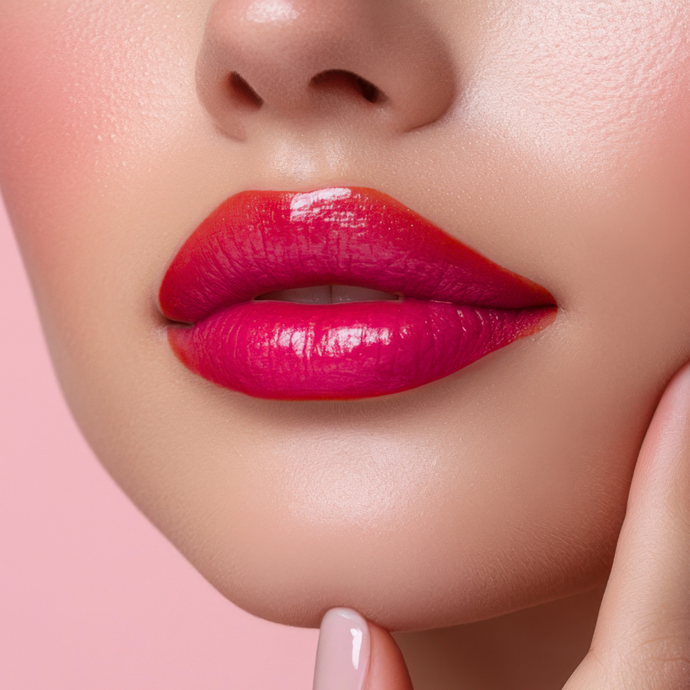 Close-up of a woman's lips with bright red lipstick on a pink background